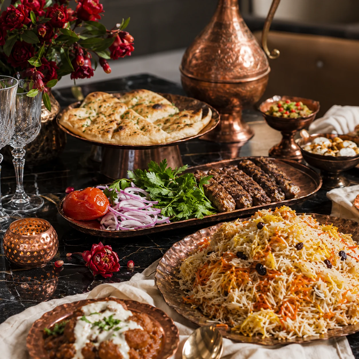 Afghanes Catering Berlin — Kabuli Pulao, Lula Kebab, Naan Brot und Kupfergefäße