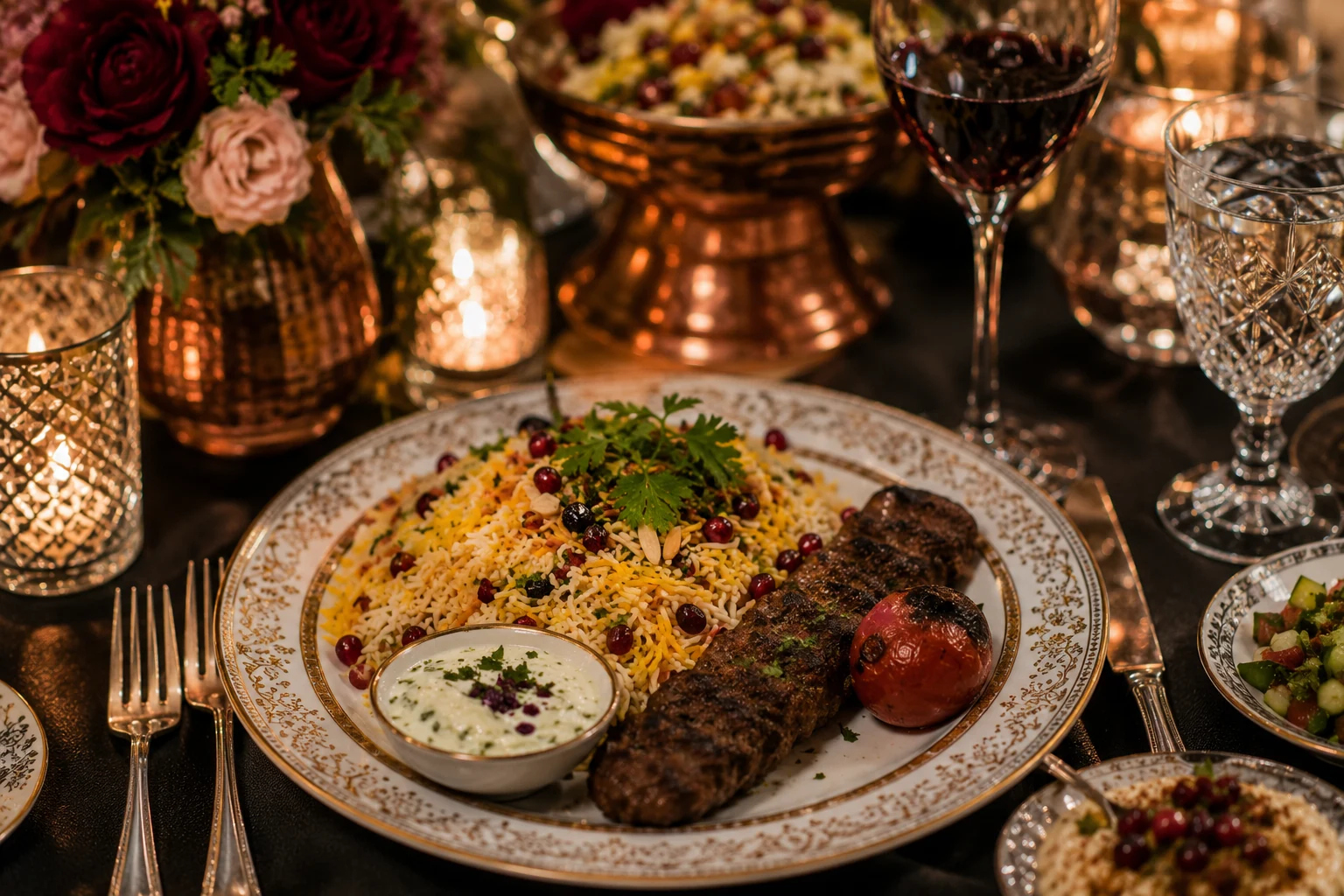 Afghanes Kebab mit Safranreis und Granatapfel — Berlin Catering Premium Teller