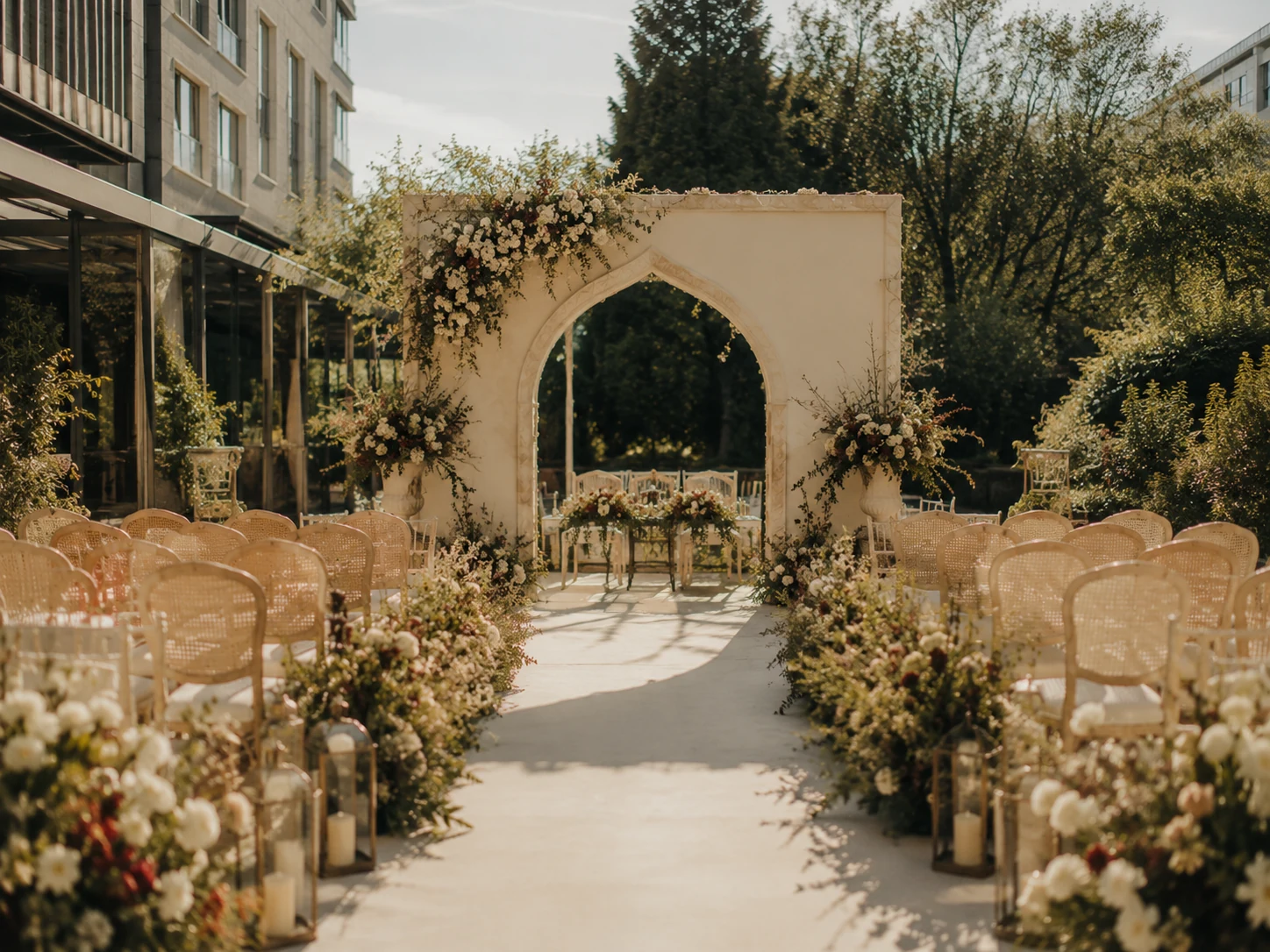 Hochzeit Outdoor Zeremonie Berlin — Blumenbogen und Kerzenlicht